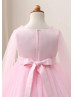 Long Sleeves Pink Pearl Embellished Flower Girl Dress